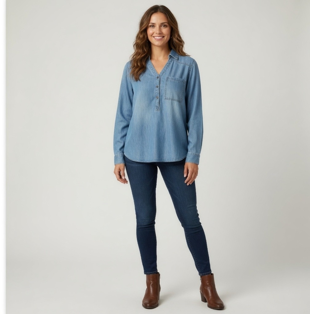 Massini Women's Light Blue Denim Tunic Shirt M Half Button Front Long Sleeve VG